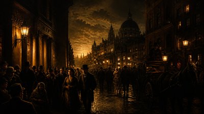 bustling city street panorama at dusk