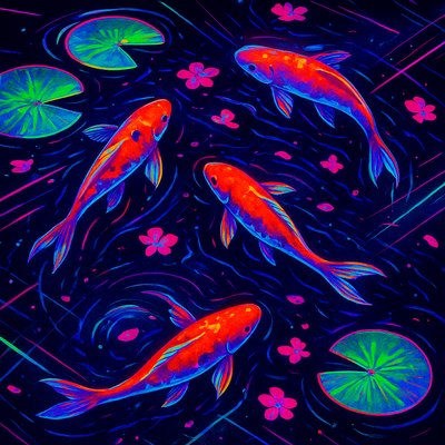 A koi pond seen from above, orange and white koi fish swimming among lily pads, clear water with subtle ripples, fallen cherry blossom petals floating on the surface, dappled sunlight