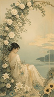 an arch of white roses and eucalyptus in soft morning light, elegant vertical composition with open space, no text