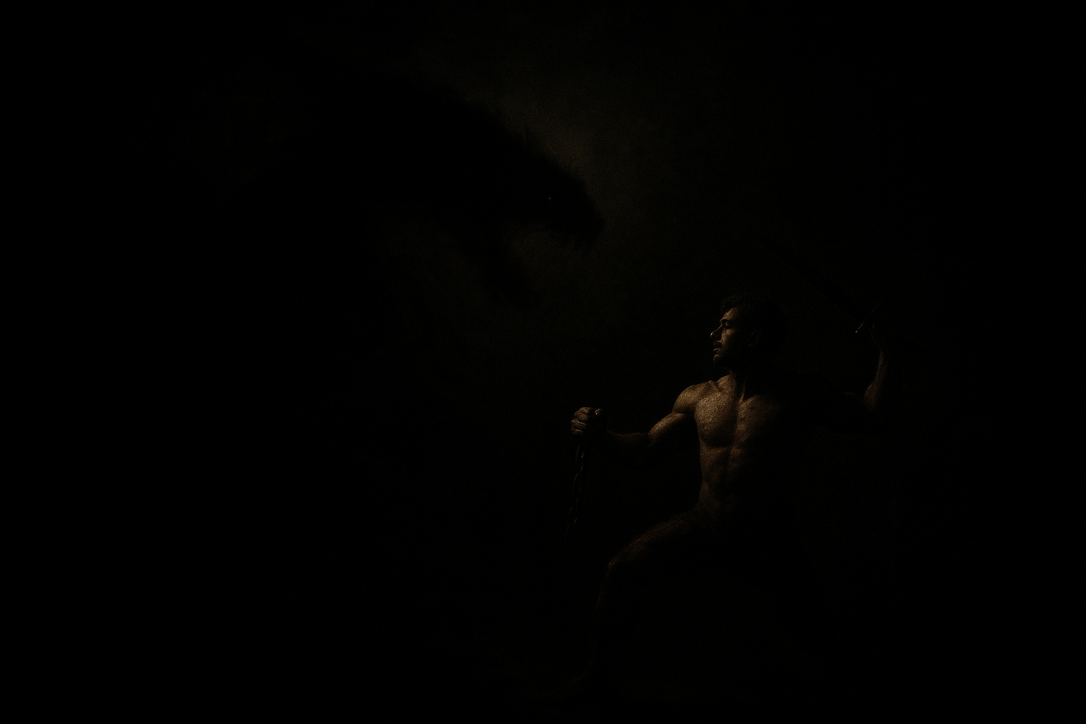 a man standing in the dark holding a stick
