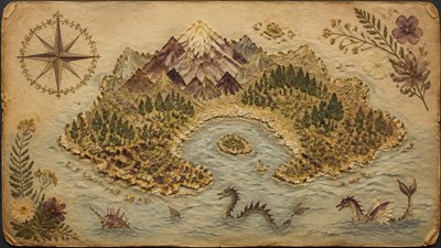 a map of an island realm with mountains, forests, a sheltered bay, sea monsters in the water and a compass rose, no text labels