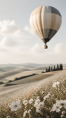 a hot air balloon drifting over rolling flower fields on a sunny day, cheerful, no text