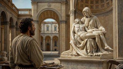 Michelangelo viewing his Pieta sculpture of Mary holding the body of Jesus