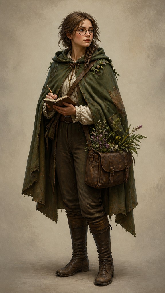 full-body original character: a wandering botanist with a satchel of plants, a patched green cloak, tall boots and round glasses, neutral background