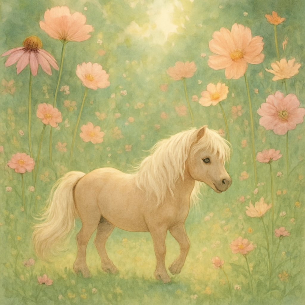 Miniature horse wandering through a fantastical meadow of oversized tall wildflowers, soft morning light, delicate sparkles drifting in the air, intricate details, watercolor-dream mood, gentle movement in the mane and tail, expressive eyes, cinematic depth and color