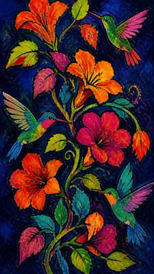 a climbing vine of flowers and hummingbirds on a dark background, tall wrapping composition, no text