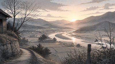 a vast valley with a river winding toward distant mountains at sunrise, no people, no text