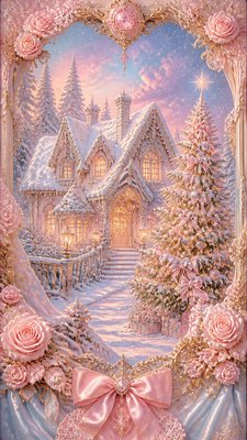 a snow-covered cottage with warm glowing windows beside a decorated pine tree, gentle snowfall, no text