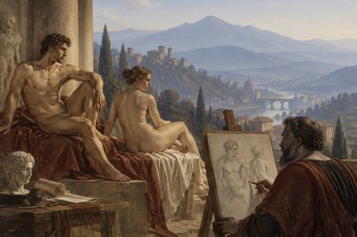 Michelangelo drawing with two models posing for him