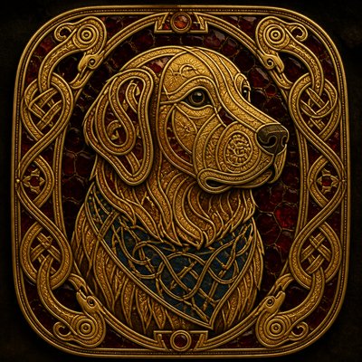 portrait of a golden retriever wearing a blue bandana, warm plain backdrop, no text