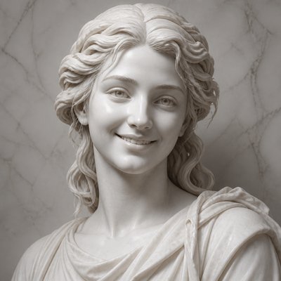head-and-shoulders portrait of an original character: a young woman with wavy chestnut hair and a warm smile, plain soft backdrop