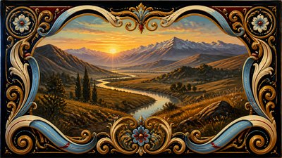 a vast valley with a river winding toward distant mountains at sunrise, no people, no text