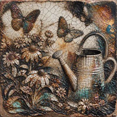 a garden scene with butterflies, flowers and a watering can, clean uncolored line art, no text
