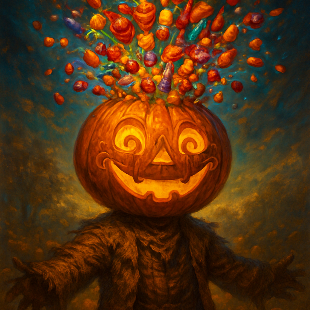 This sounds like a wonderfully whimsical and festive image! Combining the classic pumpkin head with a burst of candy and unique carving will make for a very creative Halloween or autumn piece.
Here's a prompt for a Happy Pumpkin Head Figure with Candy Bursting Out for ArtStyles.com:
Happy Pumpkin Head with Candy Burst Prompt
"A cheerful and fantastical figure with a large, glowing jack-o'-lantern for a head. The pumpkin's face is carved with a distinctly happy, friendly, wide-mouthed smile and joyful eyes. Instead of traditional jagged cuts, the facial features (eyes, nose, mouth) are intricately carved with elegant, swirling, vine-like patterns, giving it a whimsical and artistic look. The pumpkin head emits a warm, inviting orange glow from within.
Dramatically bursting and cascading out of the very top of the pumpkin's head is an overflowing abundance of vibrant, colorful Halloween candy. This candy explosion includes individually wrapped chocolates, lollipops, jelly beans, candy corn, and various brightly colored sweets, all tumbling outwards in a joyous, sugary fountain.
The figure itself has a rustic, scarecrow-like body, perhaps dressed in tattered but festive autumn-colored clothing (e.g., burlap, plaid, or warm browns and oranges), standing in an autumnal setting. The background could feature a gently lit pumpkin patch, fallen autumn leaves, or a soft, blurred evening sky. The lighting is warm and enchanting, highlighting the pumpkin's glow and the glossy sheen of the candy. The overall mood is one of festive joy, playful magic, and autumnal abundance. stylized realism, intricate detail, dynamic composition, warm dramatic lighting, focus on textures (pumpkin, candy), fantasy elements"