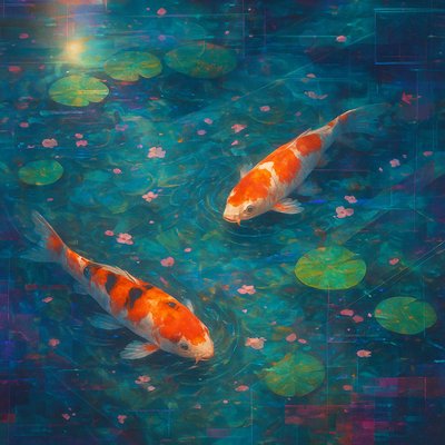 A koi pond seen from above, orange and white koi fish swimming among lily pads, clear water with subtle ripples, fallen cherry blossom petals floating on the surface, dappled sunlight