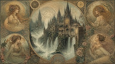 a cliffside city with waterfalls cascading into a misty canyon, wide establishing shot, no people, no text