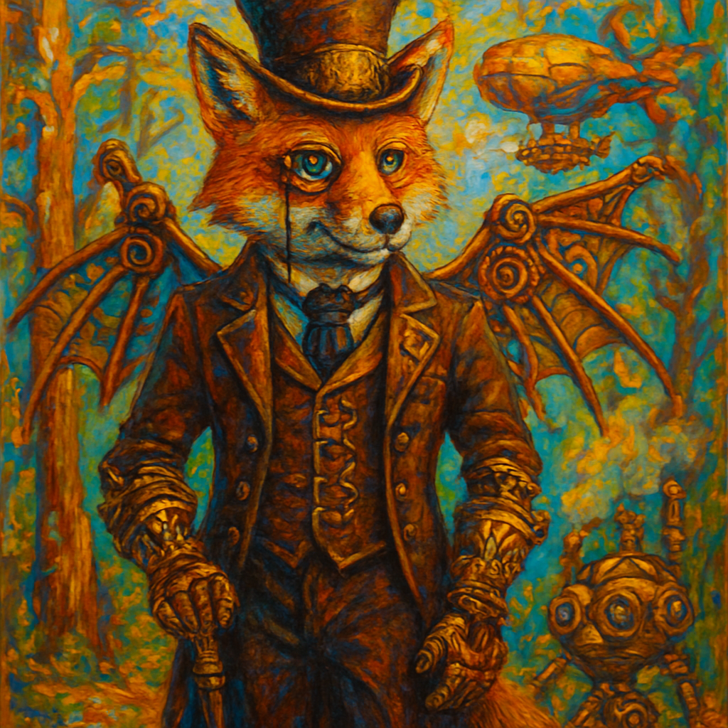 anthropomorphic coyote in a tailored Victorian suit, wearing a brass-trimmed top hat and monocle, steampunk style, intricate mechanical accessories, standing in a forest with copper pipes and gear-laced trees, full body portrait, Vibrant Colors, heavy oil paint impasto, in the style of Peter Max with Mary Blair aspects.