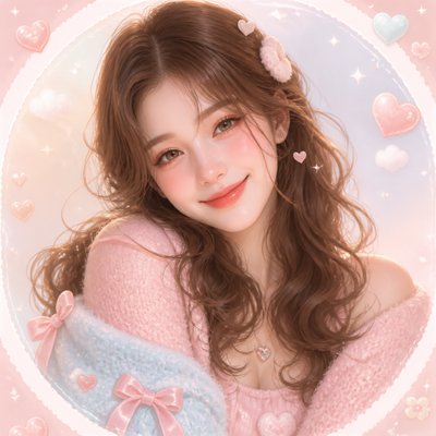 head-and-shoulders portrait of an original character: a young woman with wavy chestnut hair and a warm smile, plain soft backdrop