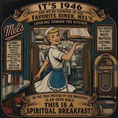 It’s 1946 and we’re standing in our favorite diner, Mel’s, looking toward the kitchen. Libby, our favorite waitress dances through the swinging doors of the kitchen headed our way with a round tray held high and a smile on her face. Her blond hair is neatly held together by a net bun at the back and her bangs are just right. She’s dressed in a crisp white waitress costume, with a blue apron. On the tray, instead of our breakfast is an open Bible. This is a spiritual breakfast!