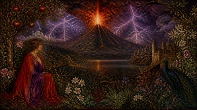 an erupting volcano with lightning strikes, dramatic wide composition, no text