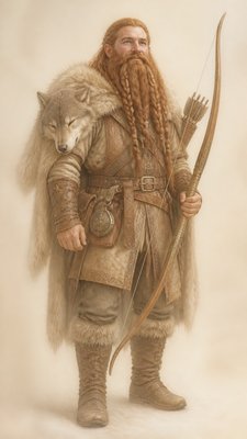 full-body original character: a dwarven ranger with a braided auburn beard, worn leather armor, a longbow and a wolf-pelt cloak, neutral background, no text