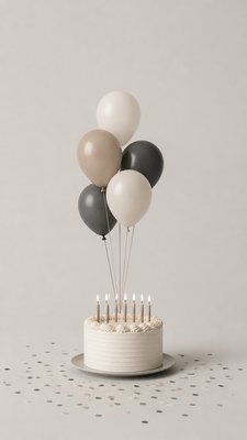 a birthday cake with lit candles surrounded by balloons and confetti, festive vertical composition, no text