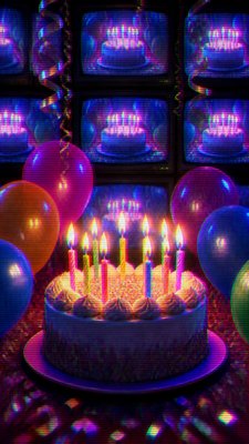 a birthday cake with lit candles surrounded by balloons and confetti, festive vertical composition, no text