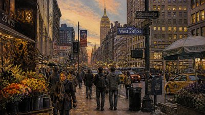 bustling city street panorama at dusk