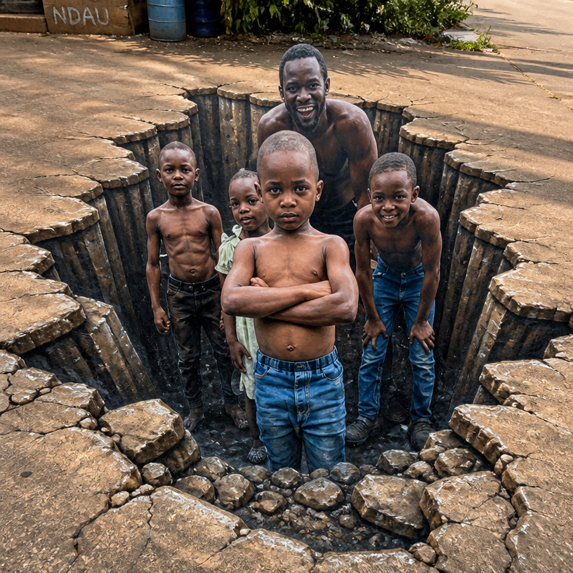 a group of children standing in a hole