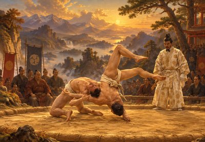 a painting of two men wrestling in front of a group of people
