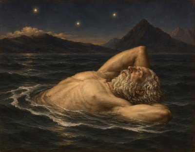 a painting of a man floating in the ocean