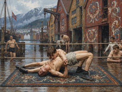 a painting of two men wrestling on a rug