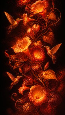 a climbing vine of flowers and hummingbirds on a dark background, tall wrapping composition, no text