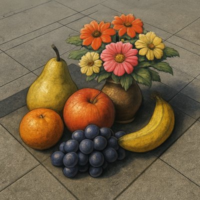 still life arrangement of fruits and flowers