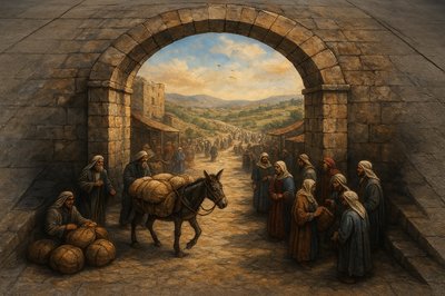a painting of a group of people standing around a horse