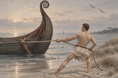 a painting of a man pulling a boat out of the water