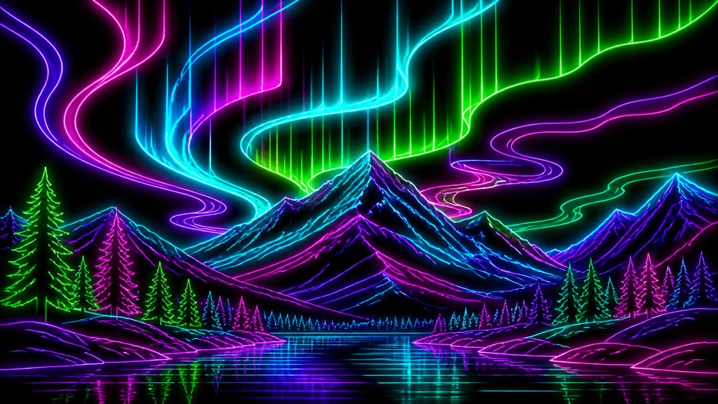 a flowing aurora over snowy peaks, wide sweeping composition, no people, no text