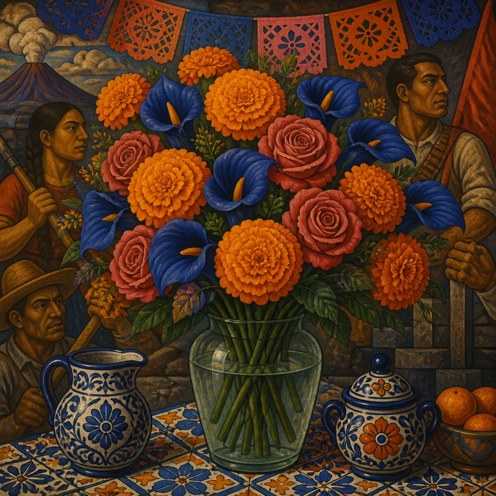 bouquet of flowers in a glass vase — Mexican Art Style