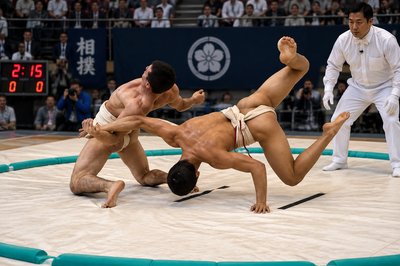 two sumo wrestlers in a ring during a competition