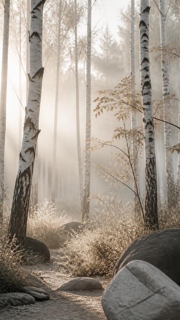 a serene birch forest in soft morning light, no people, no text