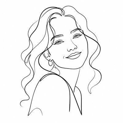head-and-shoulders portrait of an original character: a young woman with wavy chestnut hair and a warm smile, plain soft backdrop