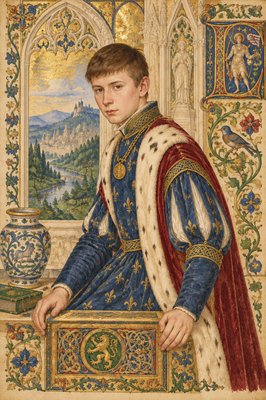 a painting of a man in a blue and white outfit