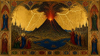 an erupting volcano with lightning strikes, dramatic wide composition, no text