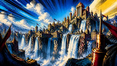 a cliffside city with waterfalls cascading into a misty canyon, wide establishing shot, no people, no text
