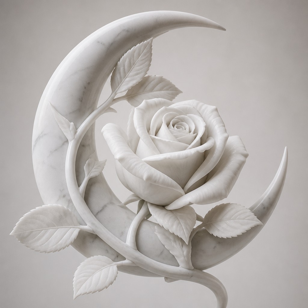 a rose entwined with a crescent moon, clean balanced composition on a plain background, no text