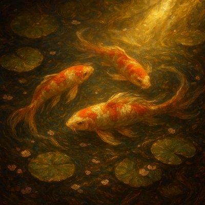 A koi pond seen from above, orange and white koi fish swimming among lily pads, clear water with subtle ripples, fallen cherry blossom petals floating on the surface, dappled sunlight
