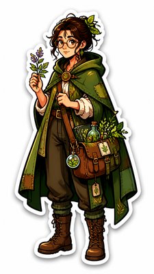 full-body original character: a wandering botanist with a satchel of plants, a patched green cloak, tall boots and round glasses, neutral background
