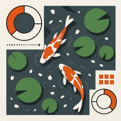 A koi pond seen from above, orange and white koi fish swimming among lily pads, clear water with subtle ripples, fallen cherry blossom petals floating on the surface, dappled sunlight