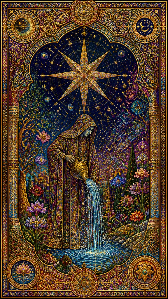 a robed figure pouring water beneath a large eight-pointed star in a night sky, symmetrical composition with an ornate decorative border, no text