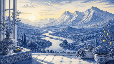 a vast valley with a river winding toward distant mountains at sunrise, no people, no text